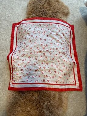 CHANEL Red and White Logo Silk-Feel Square Scarf